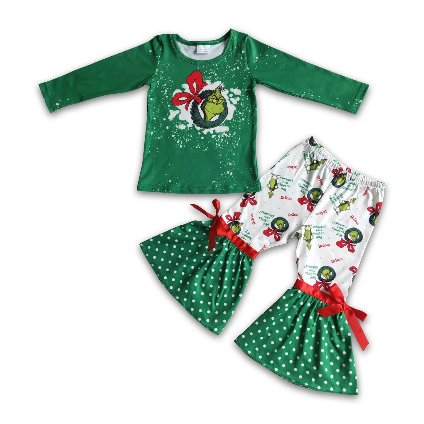 RTS NO MOQ Sibling milk silk Baby Girls Christmas Tractor Tree Bell Print Long Sleeve Top And Flared Bell Bottom Pants Two Piece Holiday Clothes Set
