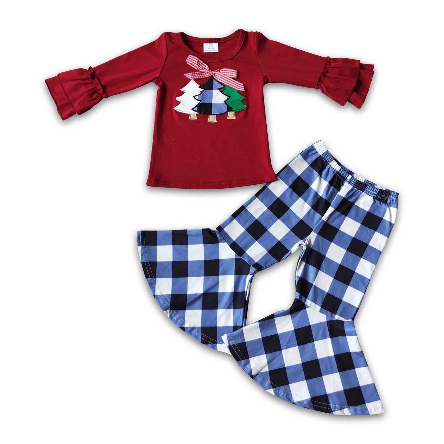 RTS NO MOQ Sibling milk silk Baby Girls Christmas Tractor Tree Bell Print Long Sleeve Top And Flared Bell Bottom Pants Two Piece Holiday Clothes Set