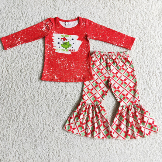RTS NO MOQ 6 C7-3 Merry Christmas red long-sleeved top plaid flared pants suit