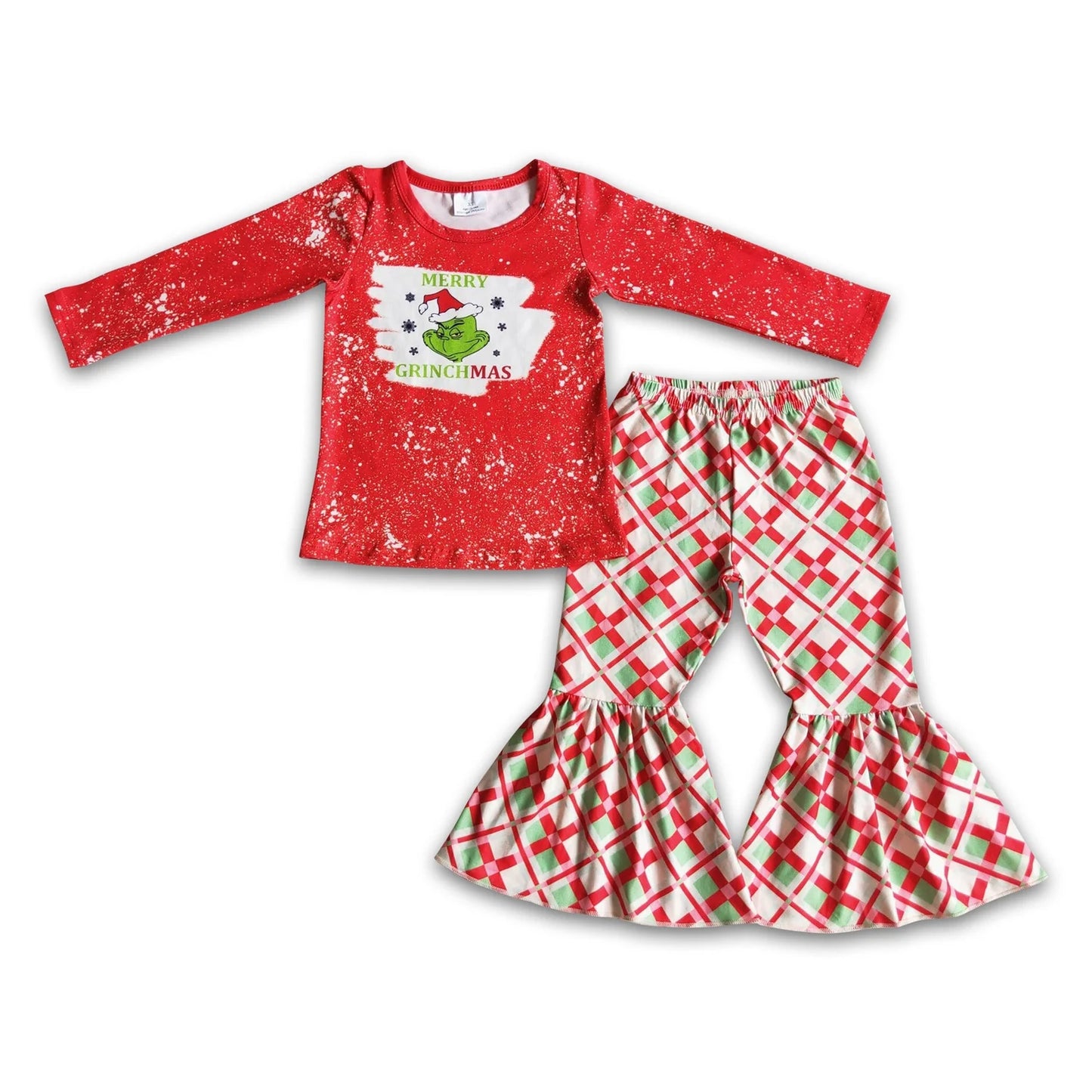 RTS NO MOQ Sibling milk silk Baby Girls Christmas Tractor Tree Bell Print Long Sleeve Top And Flared Bell Bottom Pants Two Piece Holiday Clothes Set