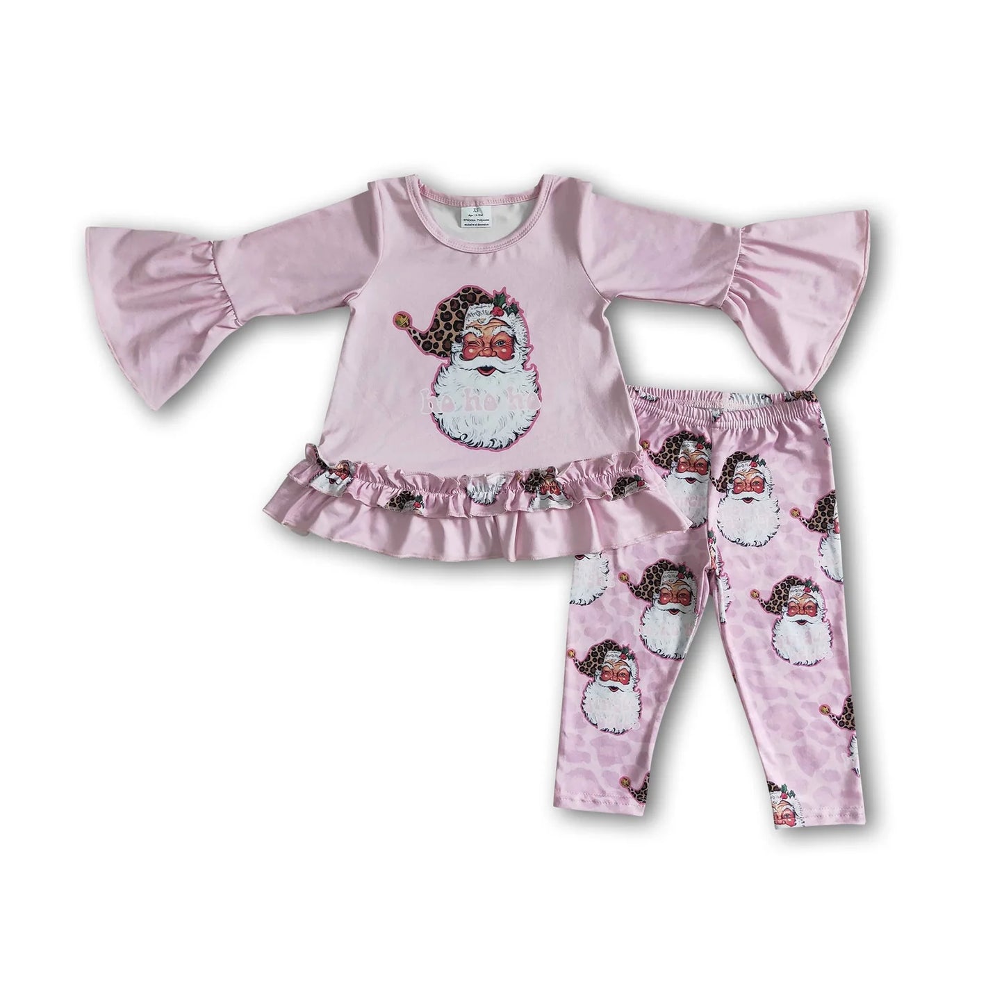 RTS NO MOQ Sibling milk silk Baby Girls Christmas Pink Santa Print Long Sleeve Top And Leggings Set
