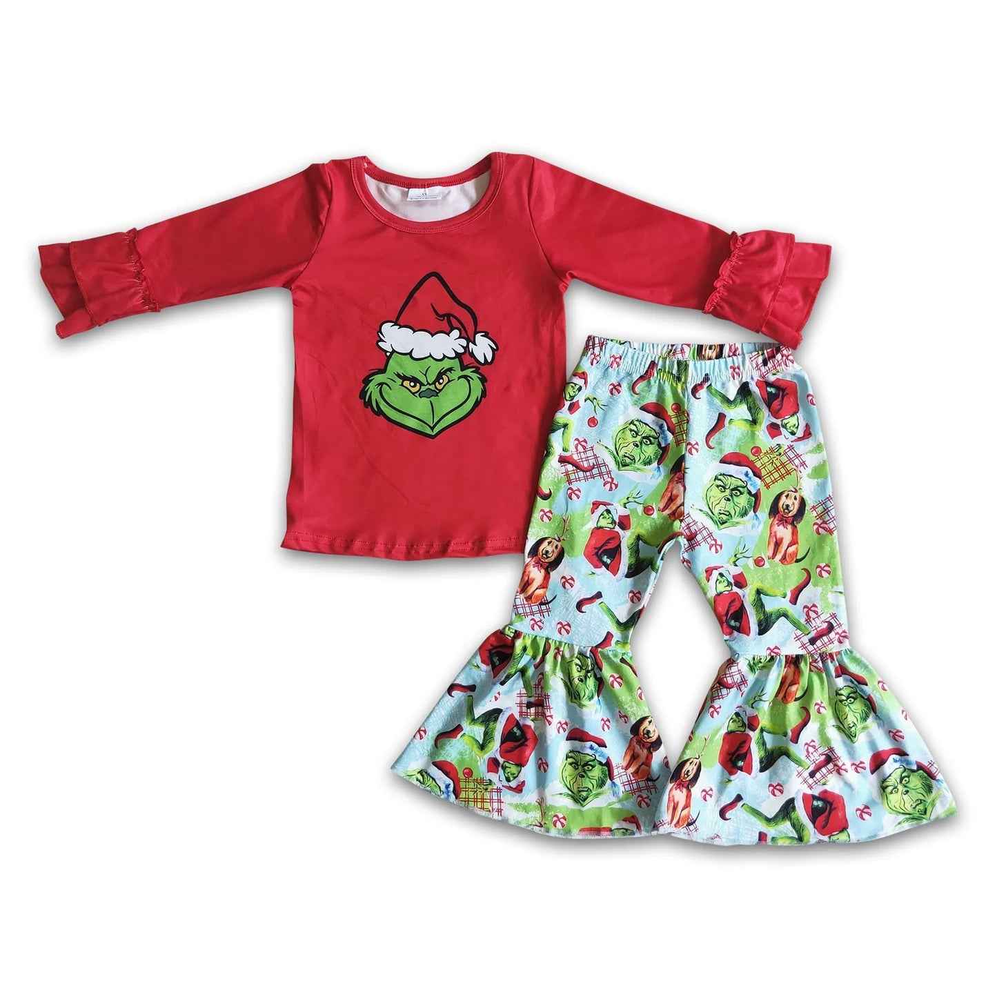 RTS NO MOQ Sibling milk silk Baby Girls Christmas Tractor Tree Bell Print Long Sleeve Top And Flared Bell Bottom Pants Two Piece Holiday Clothes Set