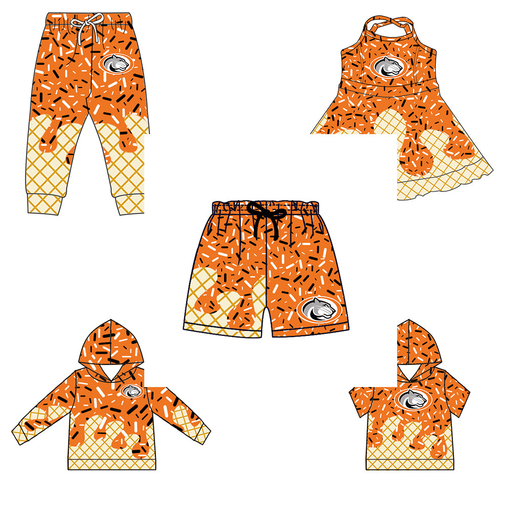 Custom moq 5 mix size milk silk baby girls clothes team orange hooded long sleeve tops and short sleeve top and dress and pants and shorts-25.7.1