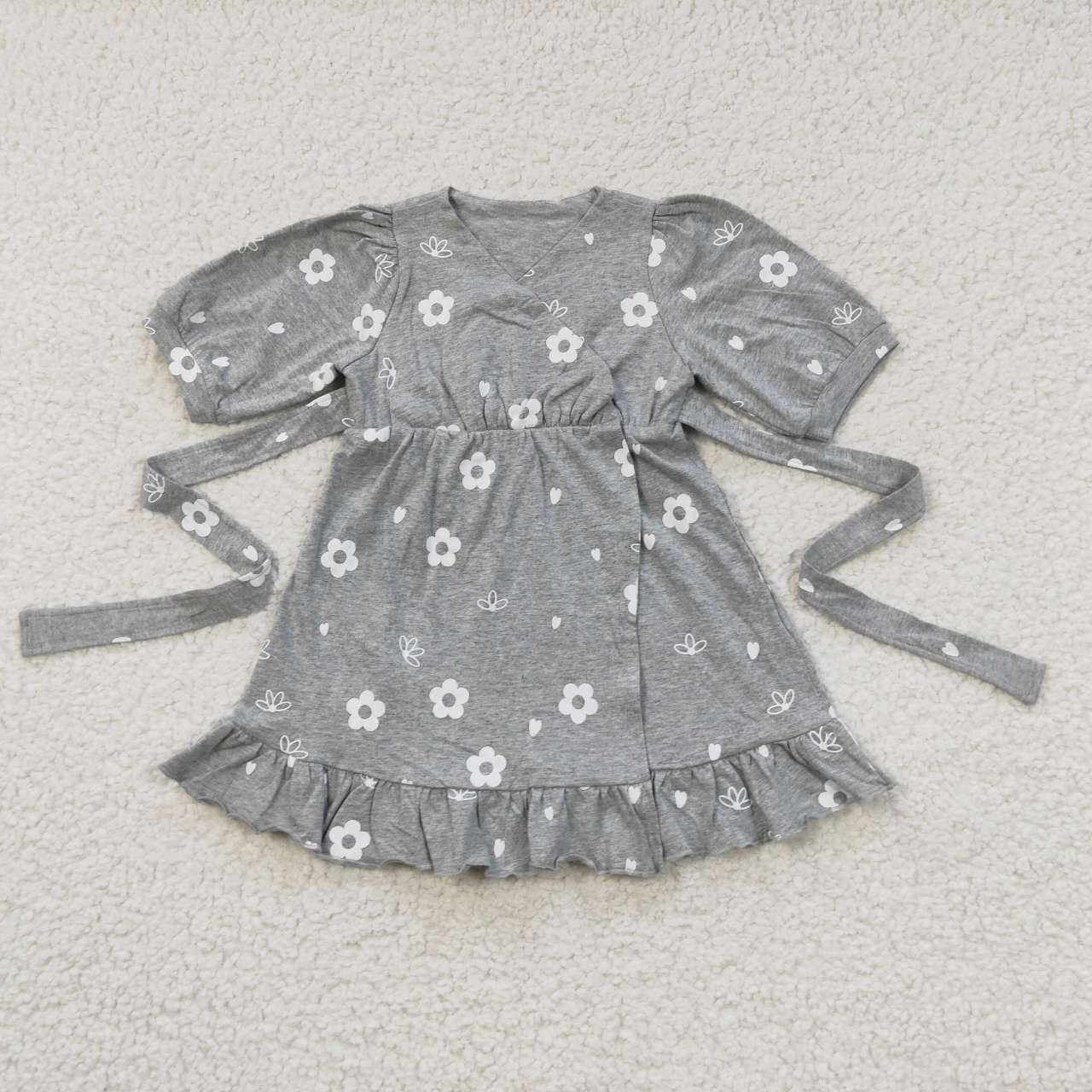 GSD0447 Floral Gray Knitted Tie Short Sleeve Lace Dress