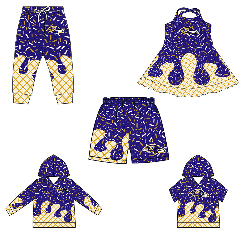 Custom moq 5 mix size milk silk baby girls clothes team purple hooded long sleeve tops and short sleeve top and dress and pants and shorts-25.6.28