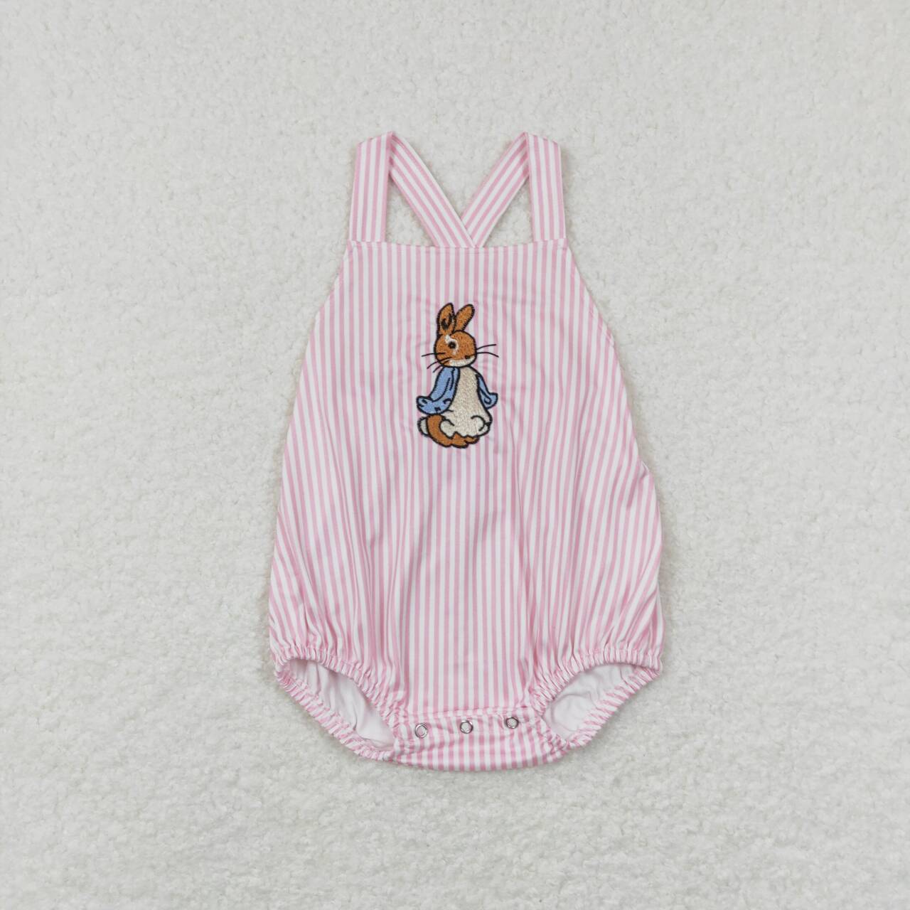 SR0462 Embroidered pink and white striped rabbit vest bodysuit