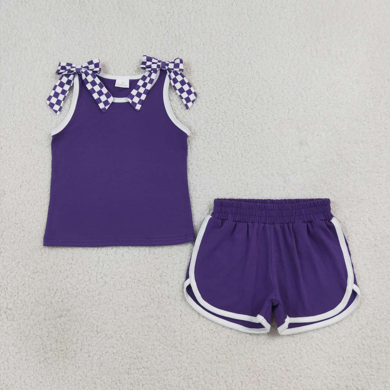 NEW RTS NO MOQ cotton GSSO3814 Baby Girls Purple Checked Bow Sleeveless Top Short Bottom Outfit Set
