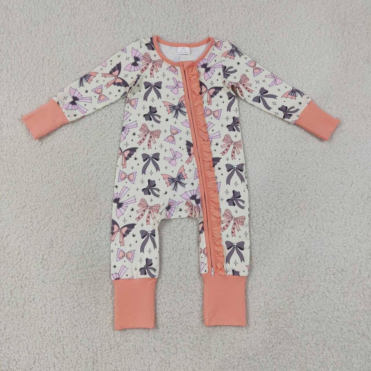 RTS NO MOQ milk silk LR3078 Baby Girls Halloween Bow Printed Long Sleeve Two Way Zip Ruffle Convertible Rompers