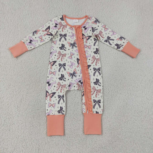 RTS NO MOQ milk silk LR3078 Baby Girls Halloween Bow Printed Long Sleeve Two Way Zip Ruffle Convertible Rompers