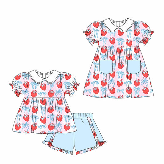 3.7Custom moq 5 mix size Sibling Baby Girl's Striped Bow Short-Sleeved Top And Shorts Set Cute Dress for Summer