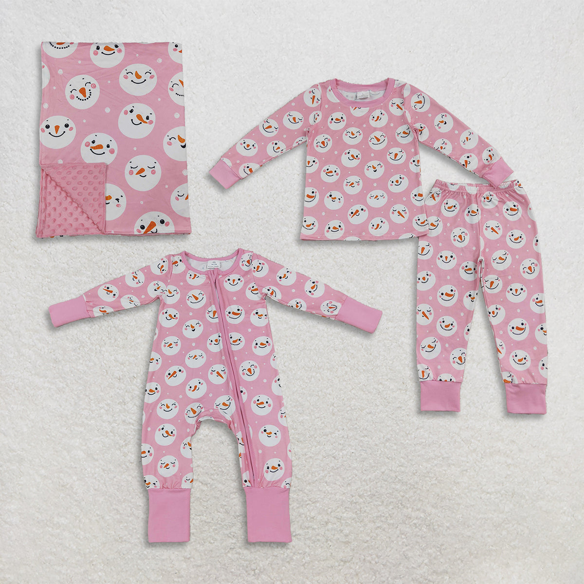 RTS NO MOQ Sibling milk silk Baby Girls Pink Snowman Print Long Sleeve Pajama Set Zipper Romper Blanket