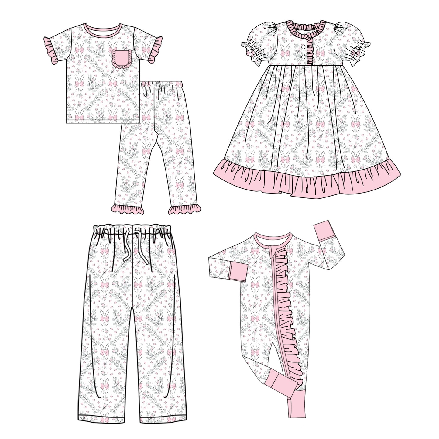 25.9.17 custom each style moq 8 eta 6-8week Sibling Sister bunny floral baby short sleeve pants sets and romper and dress and adult pants match design