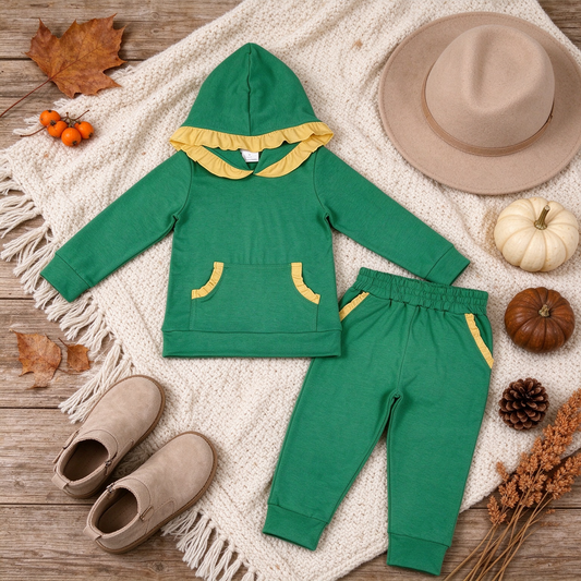 NEW RTS NO MOQ cotton GLP3569 Baby Girls Yellow Green Ruffle Hoodie Pockets Jogger Clothes Sets Cute Casual Outfit