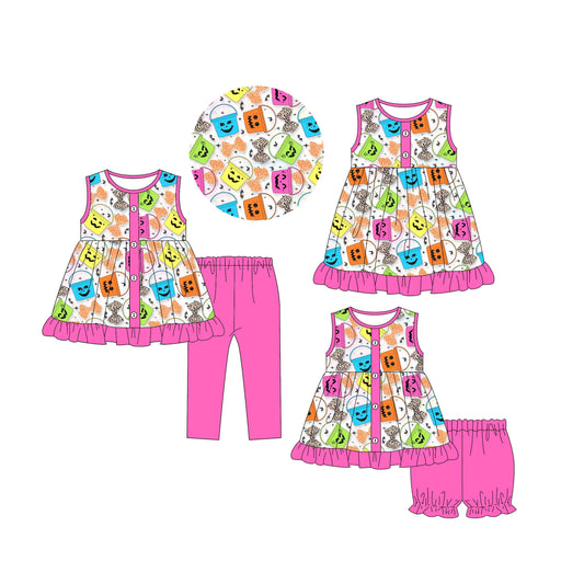 4.30 custom each style moq 5eta 4-6week Sibling Sisters pumpkin bow baby girl short sleeve shorts sets and pants sets and dress match family design