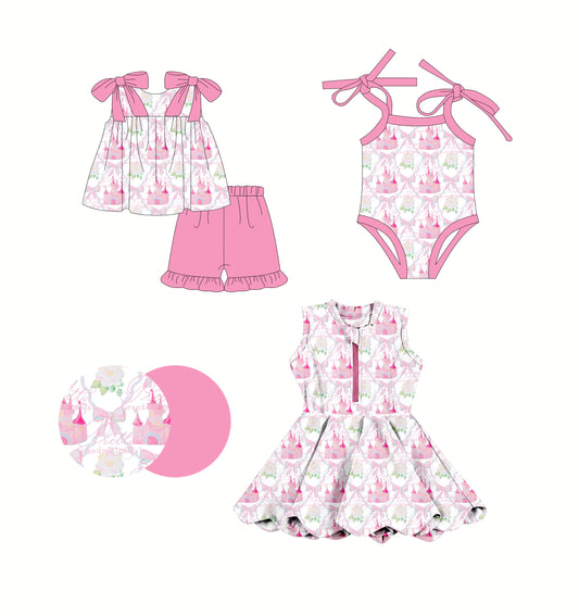 2.25 custom each style moq 5eta 4-6week Sibling Sisters castle bow baby girl short sleeve shorts sets and dress and rompers match family design