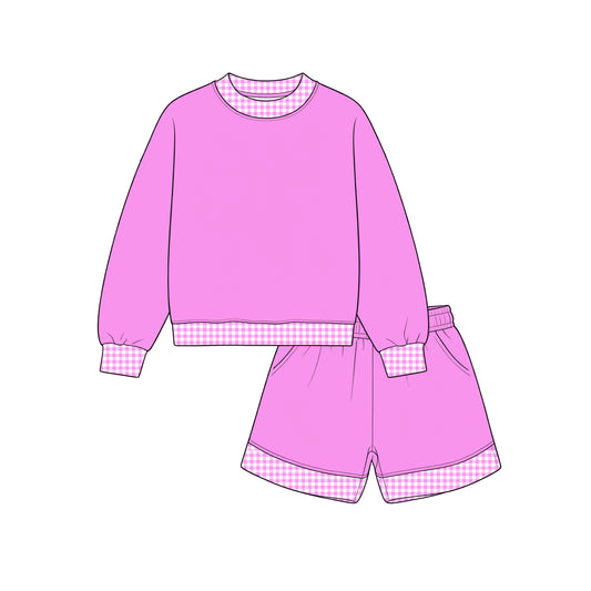 Custom moq 5 girls  Blank Cotton Fabric Sweatshirt Shorts Set Light pink sweatshirt and shorts set