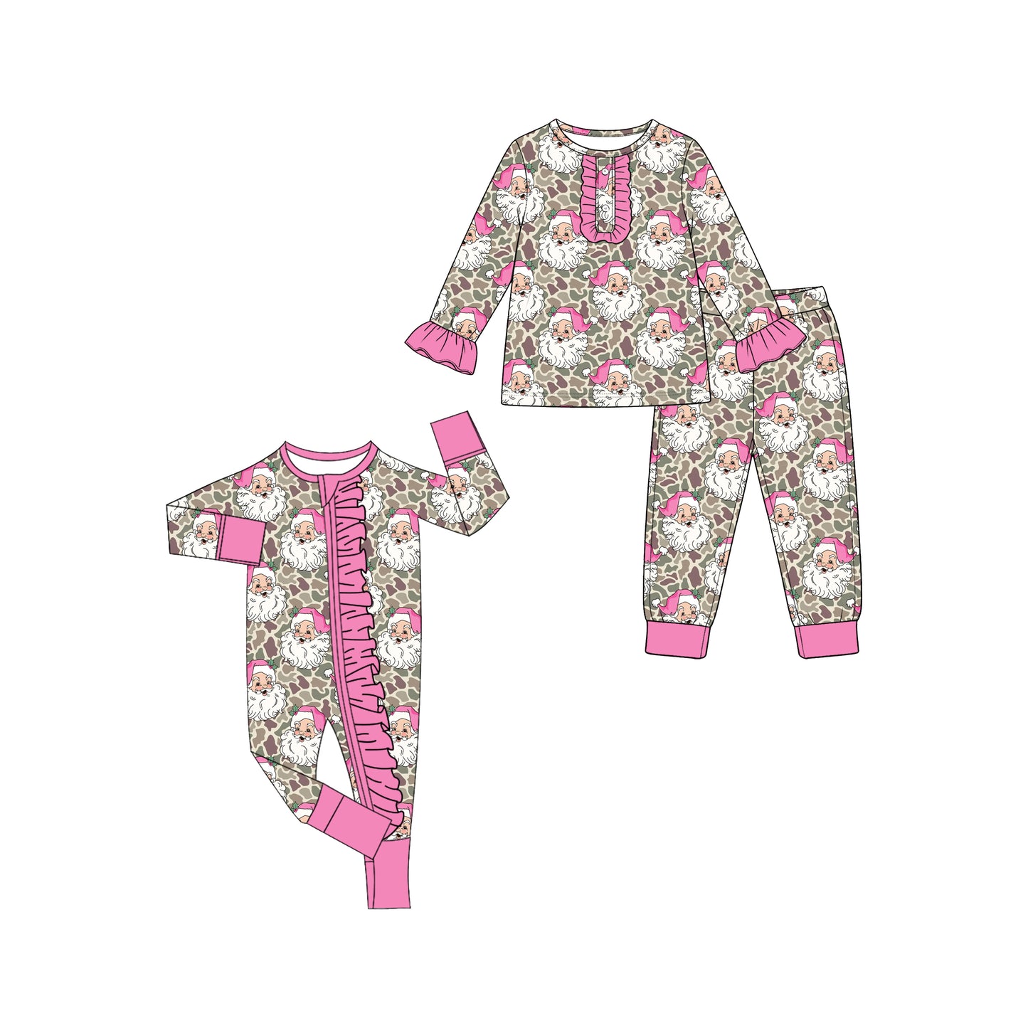 (Preorder new) No moq Baby Girls Khaki Camo Santa Button Top Pant Christmas Pajamas Set Fall Winter Sleepwear Outfit Rompers