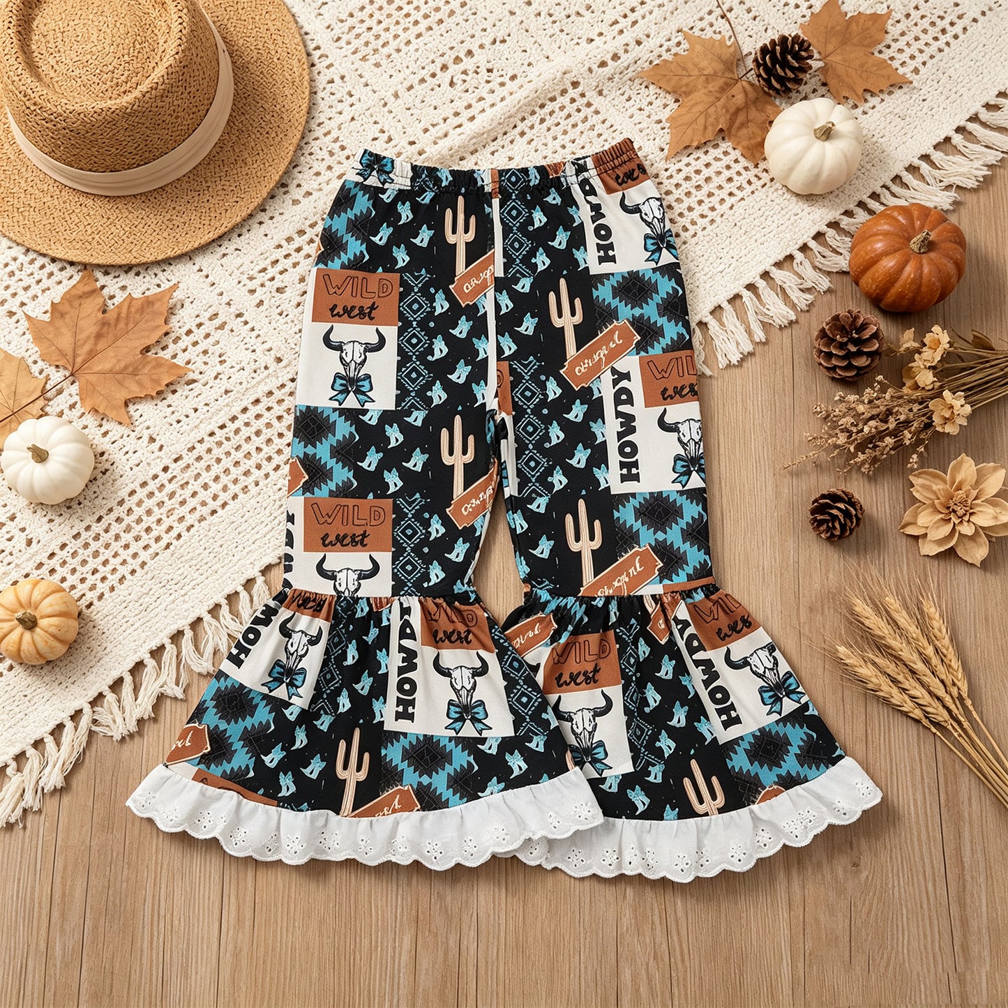 NEW RTS NO MOQ milk silk P0781 Baby Girls Blue Aztec Bow Bull Skull Plaid Bell Bottom Casual Pants