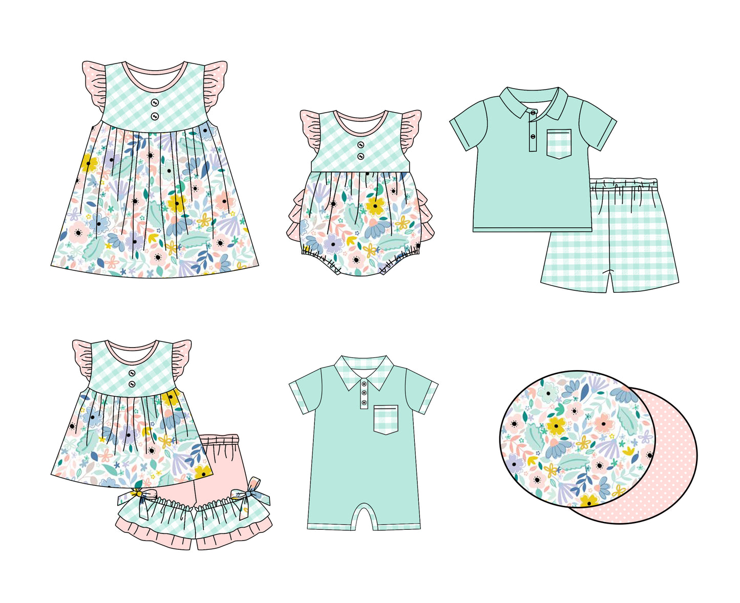 11.6 custom each style moq 5eta 4-6week Sibling Sister floral baby girl short sleeve shorts sets and sets 2 and girls romper and boy romper and dress match design