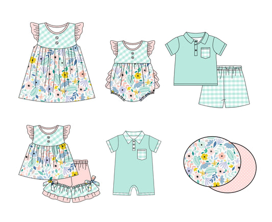 11.6 custom each style moq 5eta 4-6week Sibling Sister floral baby girl short sleeve shorts sets and sets 2 and girls romper and boy romper and dress match design