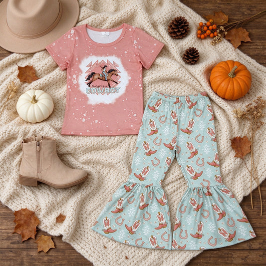 NEW RTS NO MOQ milk silk GSPO1571 Baby Girls Cute Cowboy Rodeo Shirt Boots Bell Pants Sets