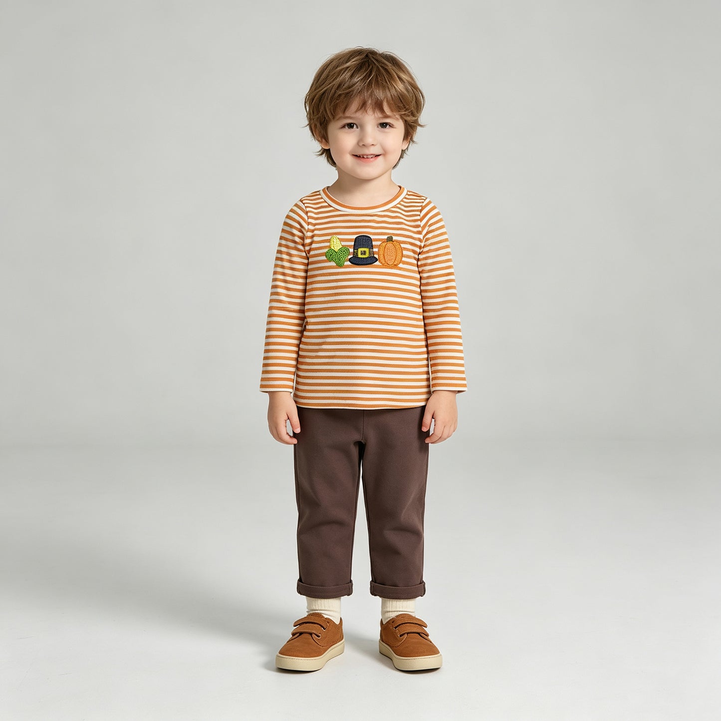 NEW RTS NO MOQ milk silk BLP1442 Embroidery Baby Boys Orange Stripe Pumpkin Embroidery Top And Pants Holiday Clothes Set