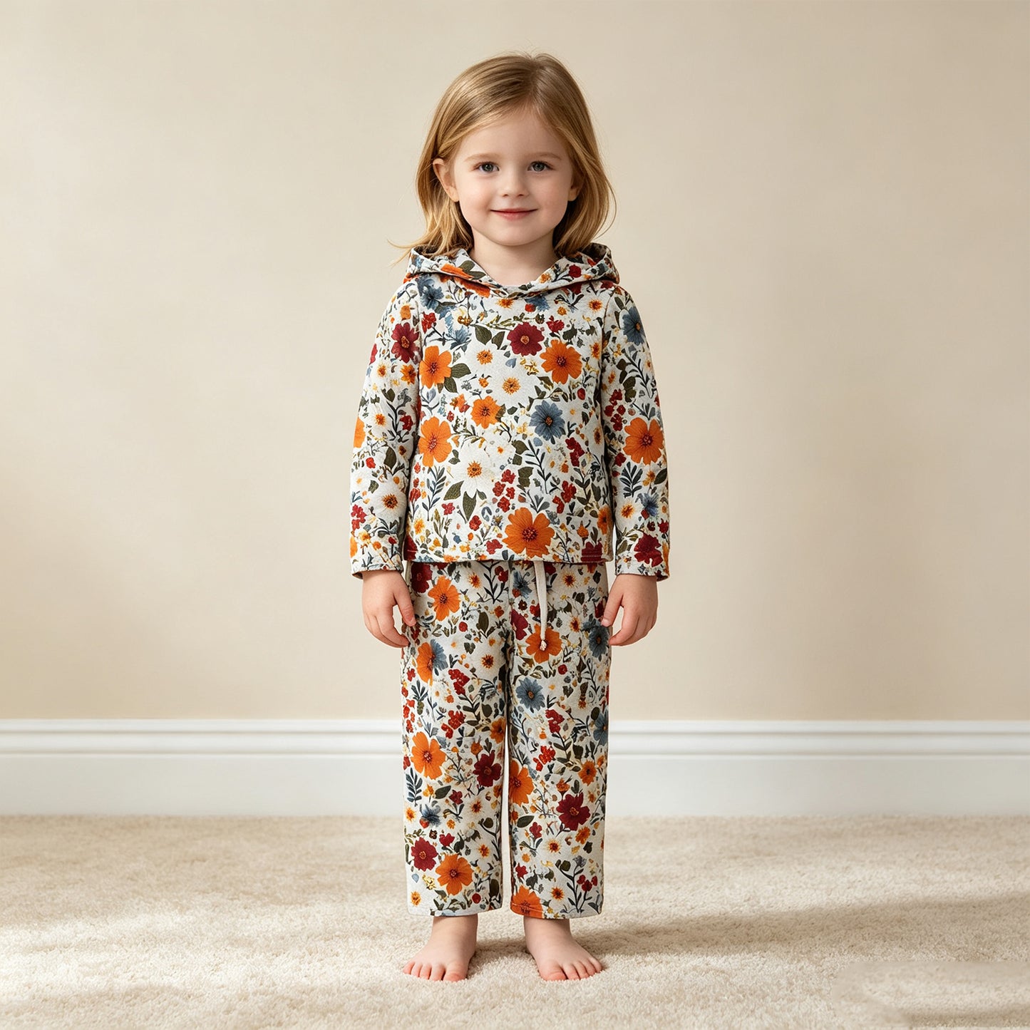 NEW RTS NO MOQ milk silk GLP3321 Baby Girls Colorful Flowers Pocket Hoodie Top Pant Set
