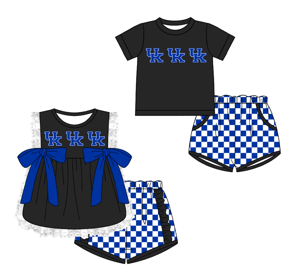 Custom moq 5 mix size milk silk summer teams black Girl Sleeveless Top And Plaid Shorts Set with Bow Boy Short Sleeved Top And Plaid Shorts Set
