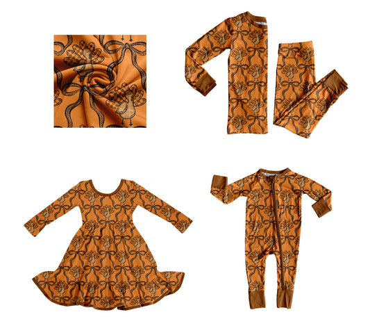 25.8.20 custom each style moq 5eta 4-6week Sibling sisters bow turkey baby girl long sleeve pants sets and dress and rompers match family design