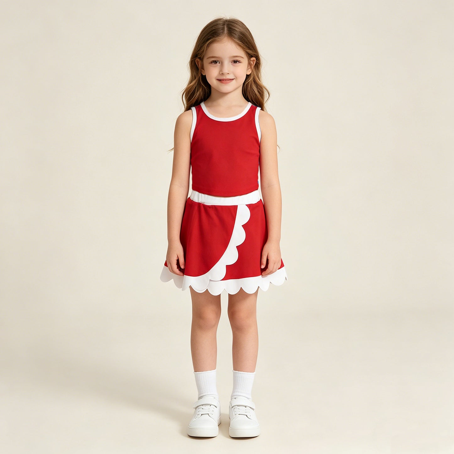 RTS NO MOQ yoga fabric cotton GSD4016 Baby Girls Yoga Active Red White Vest Scallop Skirt Clothes Set