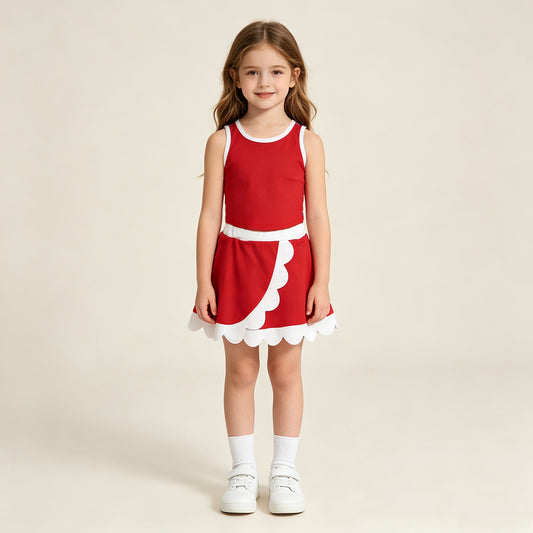 RTS NO MOQ yoga fabric cotton GSD4016 Baby Girls Yoga Active Red White Vest Scallop Skirt Clothes Set