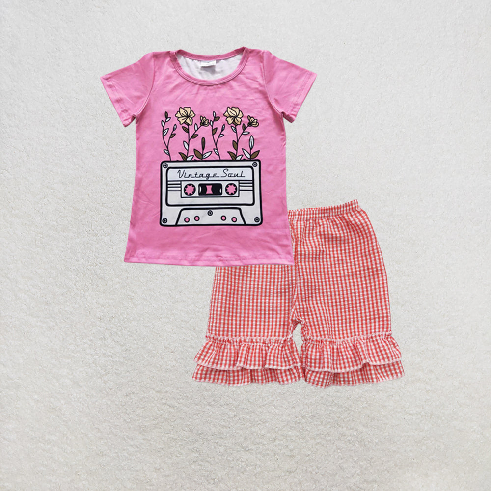 RTS NO MOQ GT0226+SS0064 Baby Girls Pink Tapes Short Sleeve Tee Shirts Tops Set