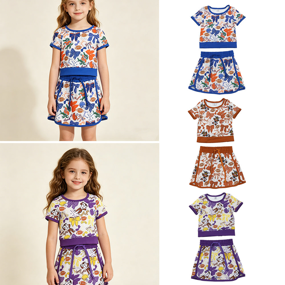 RTS NO MOQ Sibling Baby Girls Team Clothes Set Short Sleeve Bows Football Top Skirt Shorts Outfit for Little Girls