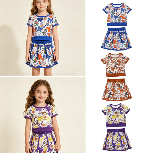 RTS NO MOQ Sibling Baby Girls Team Clothes Set Short Sleeve Bows Football Top Skirt Shorts Outfit for Little Girls
