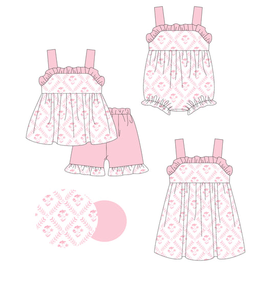 3.6 custom each style moq 5eta 4-6week Sibling Sisters floral baby girl short sleeve shorts sets and dress and rompers match family design