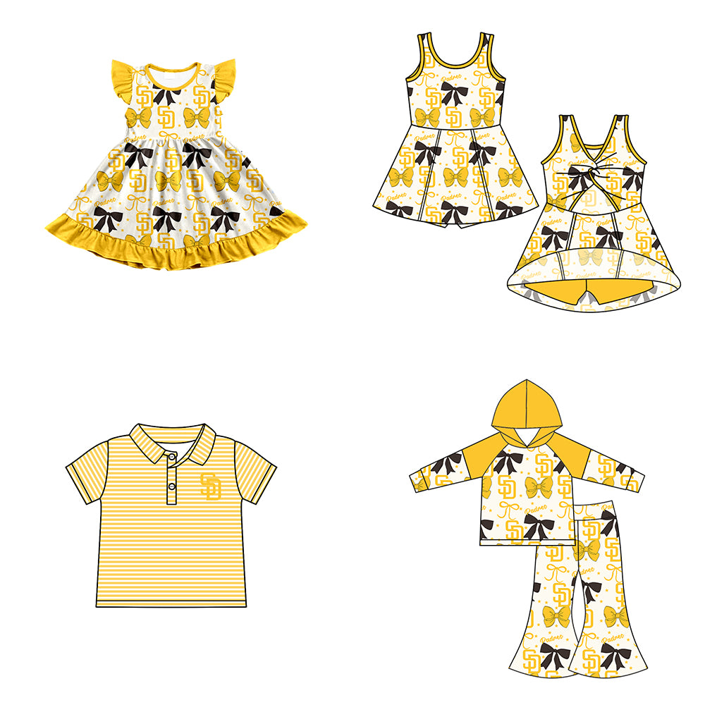 Custom moq 5 mix size milk silk summer teams baby girls clothes team bow yellow long sleeve hooded pants sets and dress 1 and dress 2 and top-25.6.17