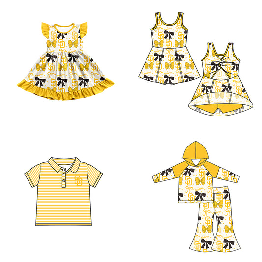 Custom moq 5 mix size milk silk summer teams baby girls clothes team bow yellow long sleeve hooded pants sets and dress 1 and dress 2 and top-25.6.17