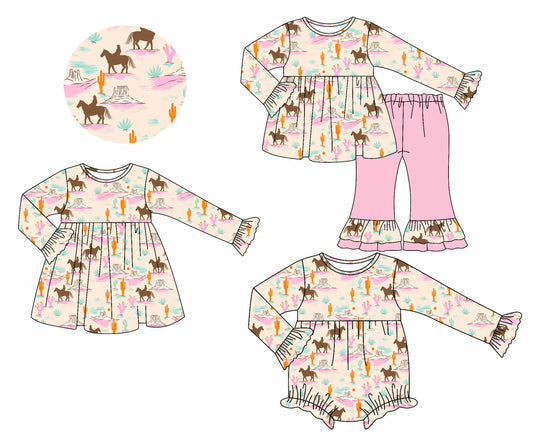 25.7.7 custom each style moq 5eta 4-6week Sibling Sisters riding horse catcus baby girl long sleeve pants sets and dress and rompers match family design
