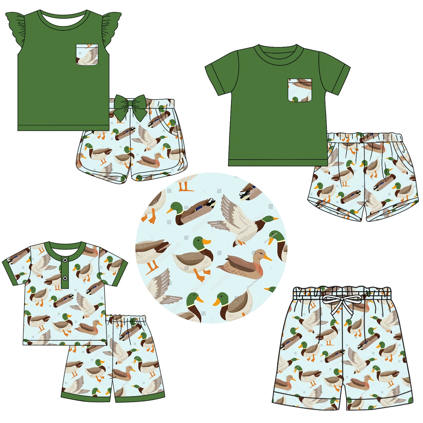11.9 custom each style moq 5eta 4-6week Sibling Sister duck baby girl short sleeve shorts sets 1 and sets 2 and sets 3 and boy swim trunk match design