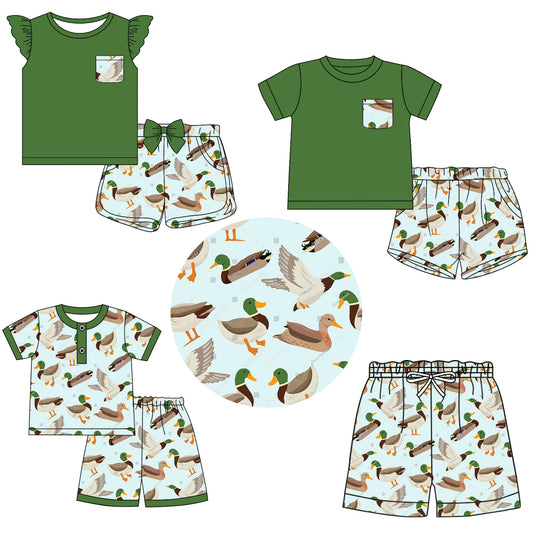11.9 custom each style moq 5eta 4-6week Sibling Sister duck baby girl short sleeve shorts sets 1 and sets 2 and sets 3 and boy swim trunk match design