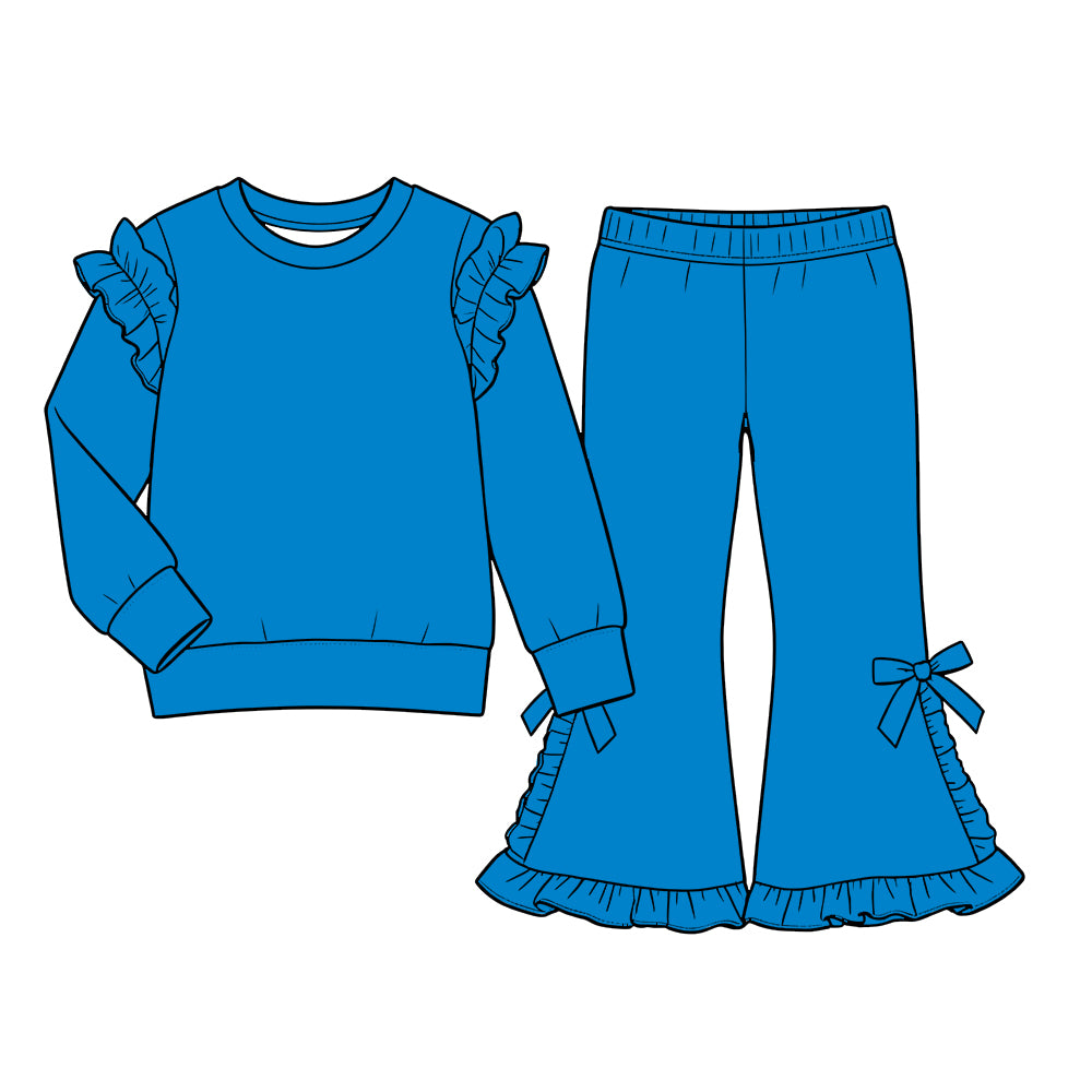 Custom moq 5  cotton fabric girls ruffle sets  solid color blank  Blue long-sleeved sweatshirt with lace trim and flared pants set featuring side bows