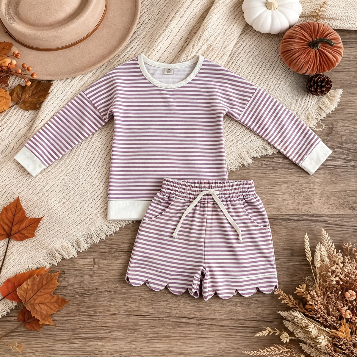NEW RTS NO MOQ yoga fabric GLS0155 Yoga Baby Girls Purple Stripe Shirt Top Scallop Short Yoga Active Set