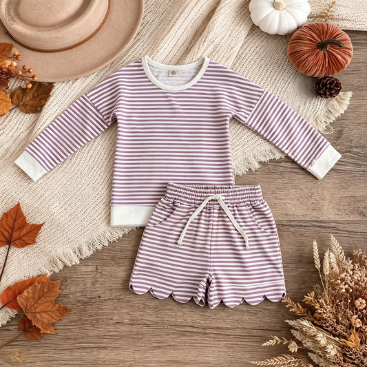 NEW RTS NO MOQ yoga fabric GLS0155 Yoga Baby Girls Purple Stripe Shirt Top Scallop Short Yoga Active Clothes Set