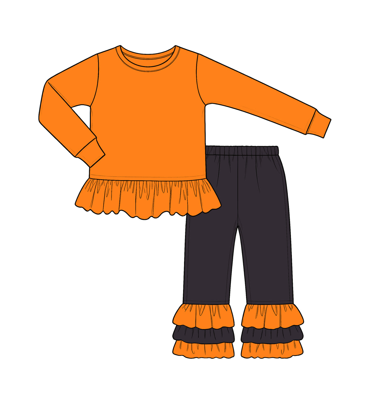 Custom moq 5 cotton fabric fall grils ruffle bow Orange and black lace long-sleeve top and trousers set blank offer custom logodie sets