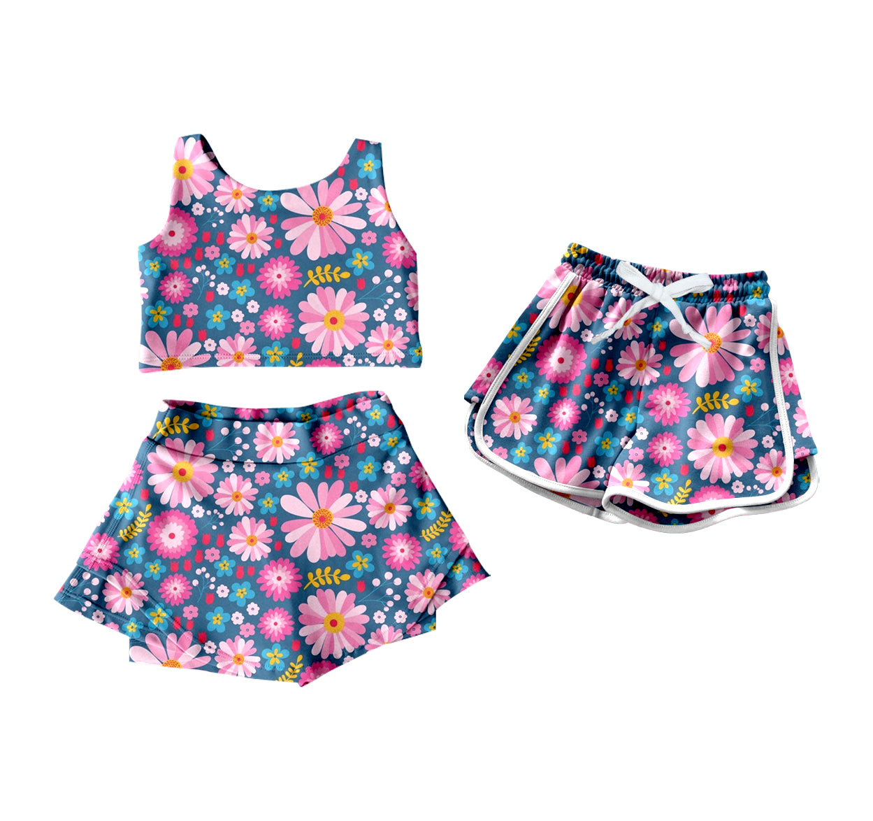 Custom moq 5 mix size Sibling Baby Girl's Summer Floral print Short-Sleeved Dress Yoga Set with Shorts