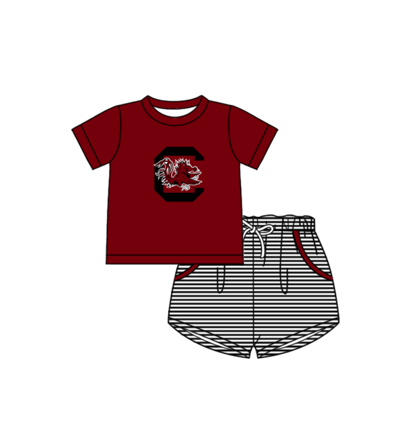 Custom moq 5 mix size milk silk summer teams Baby Boys And Girls Dark Red Short-Sleeved Shirt And Shorts Set Matching Striped Rompers Outfit Set