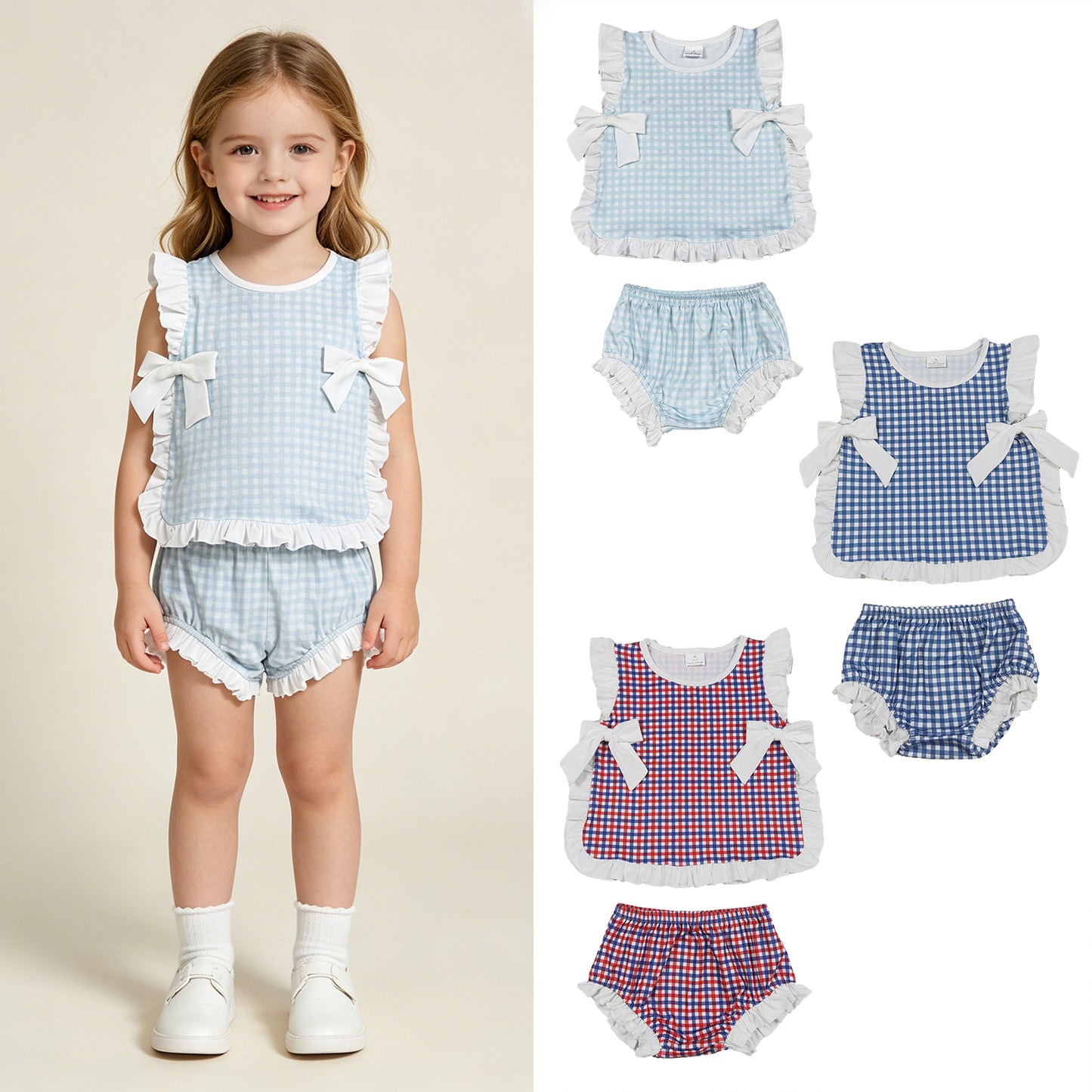 RTS NO MOQ Sibling milk silk Baby Girls Checked Bow Tunic Bummies Set Summer Wear