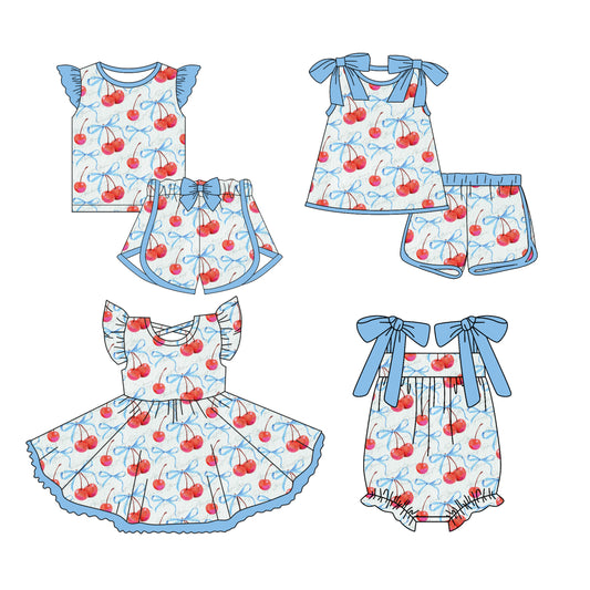 3.13 custom each style moq 5eta 4-6week Sibling Sister cherry bow baby girls short sleeve set and set 2 and dress and romper match design