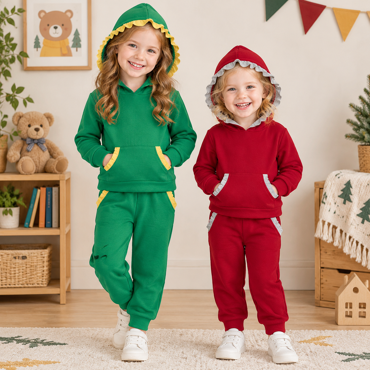 RTS NO MOQ Sibling cotton Baby Girls Solid Color Christmas Ruffle Trim Hoodie Pocket Jogger Pants Outfit Set