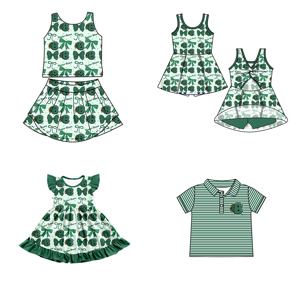 Custom moq 5 mix size milk silk summer teams baby girls clothes team bow green sleeveless skirts sets and dress 1 and dress 2 and top-25.6.21